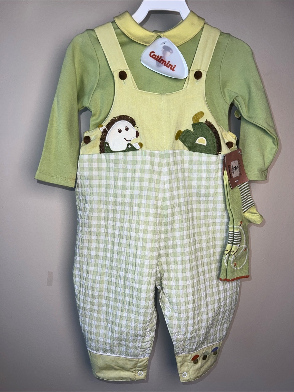 Catimini Light Green Gingham Seersucker Overalls Set with Appliqué & Match Socks